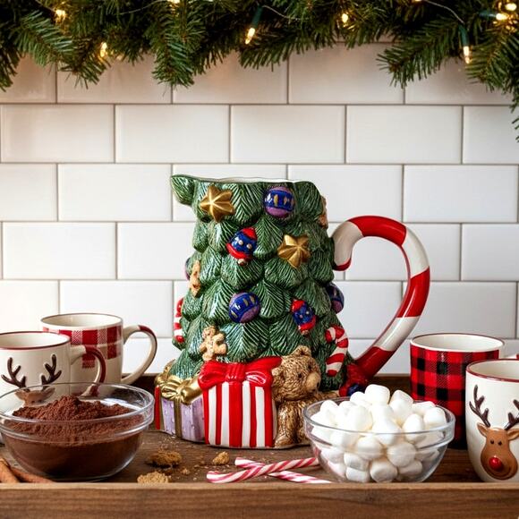 🎄Fitz and Floyd 1994 Christmas Tree Pitcher | Vintage Holiday Ceramic Serveware - Picture 1 of 11